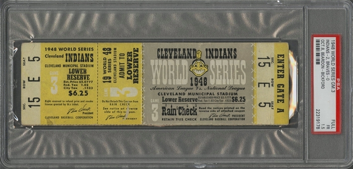 1948 World Series Game 3 Full Ticket - Cleveland Municipal Stadium (PSA/DNA)